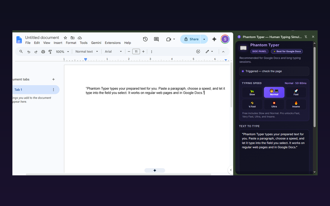 Phantom Typer Side Panel docked beside a Google Doc
