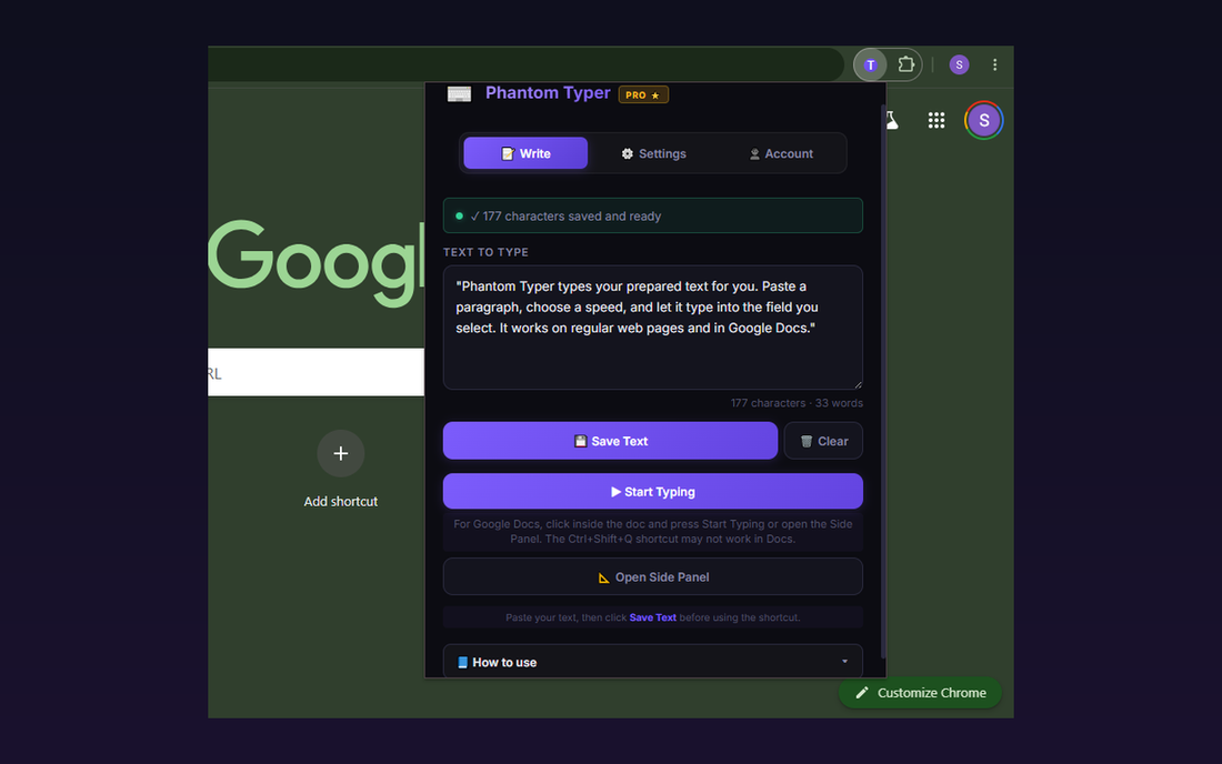 Phantom Typer popup with prepared text ready to type